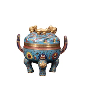 chinese Ming Xuande period cloisonne double-eared three-legged covered furnace