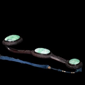 chinese Qing Dynasty red sandalwood inlaid jade Ruyi ornaments