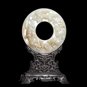 Chinese Ming Dynasty red sandalwood inlaid Hetian white jade dragon-patterned bi