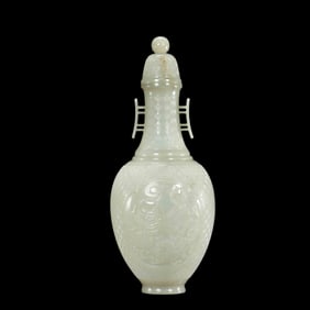 Chinese Qing Dynasty Hetian white jade animal-patterned covered bottle