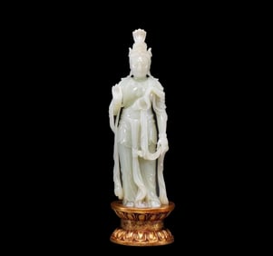 Chinese Qing Dynasty gilt Bronze Hetian white jade standing Guanyin