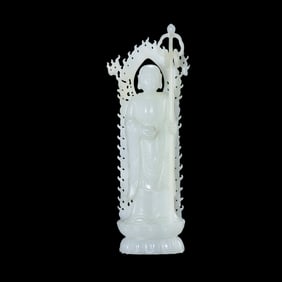 Chinese Qing Dynasty Hetian white jade standing Buddha