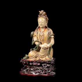 Chinese Qing Dynasty Shoushan stone sitting Guanyin (Wei Rufen)