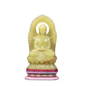 Chinese Qing Dynasty Hetian yellow jade Buddha seated statue