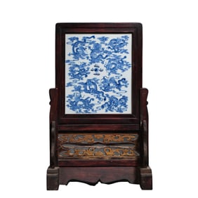 Chinese Qing Dynasty mahogany inlaid blue and white dragon pattern porcelain panel painting screen