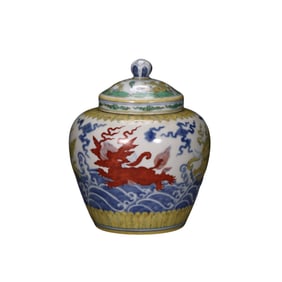 Chinese Ming Dynasty Doucai sea beast pattern "sky" lidded jar