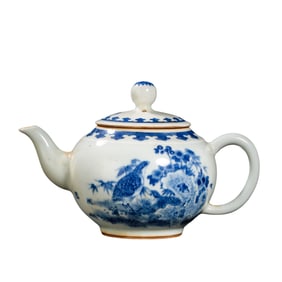 Chinese 20th century art master Wang Bu blue and white flower and bird pattern pot
