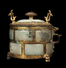 Chinese Han Dynasty gilt bronze cup with jade handle