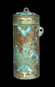 Chinese Han Dynasty copper and gold inlaid turquoise cover cylinder