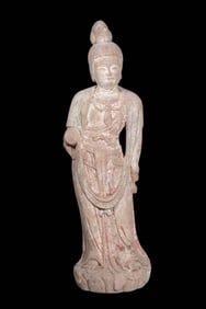 Chinese painted stone standing Buddha statue from the Northern Wei Dynasty
