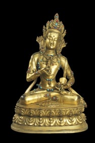 Chinese Qing Dynasty gilt bronze inlaid gemstone Vajrasattva seated statue