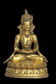 Chinese Qing Dynasty gilt bronze inlaid gemstone longevity Buddha seated statue