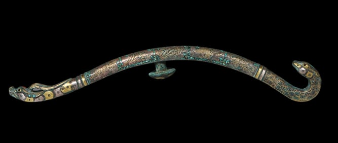 China Warring States Period gold and silver inlaid turquoise belt hook