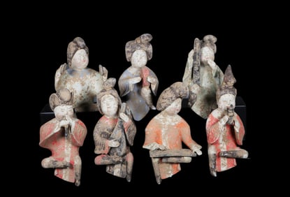 A group of China Tang Dynasty painted pottery fat girl music figurines