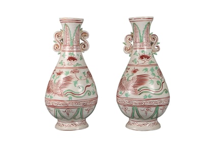 A pair of Chinese Yuan Dynasty red and green phoenix pattern double-eared vases