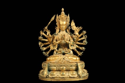 Chinese Ming Dynasty gilt copper Thousand-hand Guanyin seated