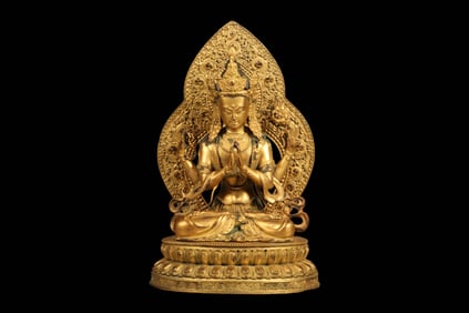 Chinese Ming Dynasty gilt copper Four-armed Avalokitesvara Seated Statue