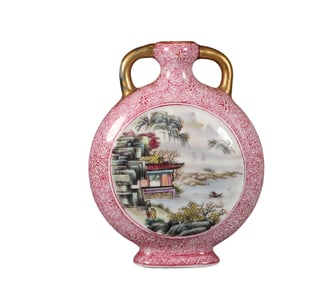 Famous-colored Flat Vase with Landscape Pattern with Window and Window from Yongzheng Period of Qing