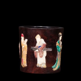 Chinese Qing Dynasty red sandalwood inlaid multi-treasure pen holder