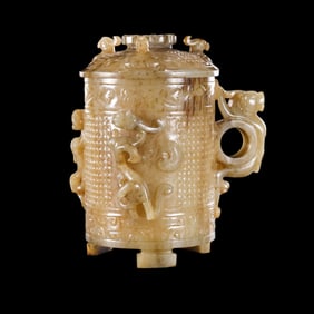 CHINESE HAN DYNASTY DRAGON JADE CUP WITH HANDLE