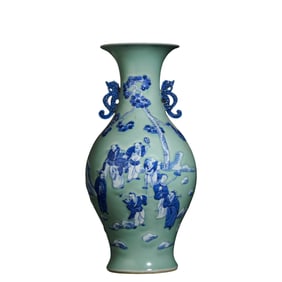 CHINESE QING DYNASTY BLUE AND WHITE CHARACTERS STORY PATTERN VASE WITH TWO EARS