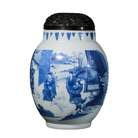 CHINESE QING DYNASTY BLUE AND WHITE CHARACTERS STORY PATTERN LID JAR