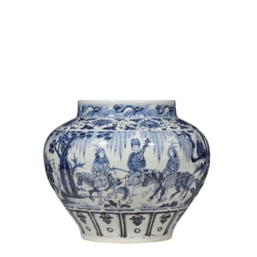 CHINESE YUAN DYNASTY BLUE AND WHITE CHARACTERS STORY PATTERN JAR