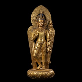 CHINESE QING DYNASTY GILT BRONZE MONGOLIAN BUDDHA STANDING STATUE