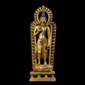 CHINESE QING DYNASTY GILT BRONZE MONGOLIAN BUDDHA STANDING STATUE
