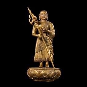 CHINESE QING DYNASTY GILT BRONZEEN BUDDHA STANDING STATUE