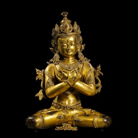 CHINESE QING DYNASTY GILT BRONZE BUDDHA SITTING STATUE