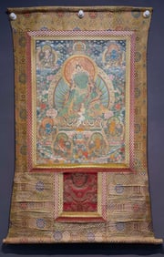 CHINESE QING DYNASTY LEATHER THANGKA GREEN TARA