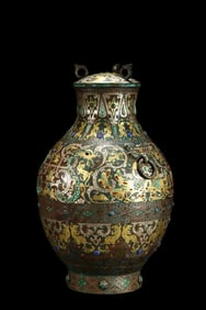 CHINESE WARRING STATES PERIOD COPPER AND GOLD INLAID WITH PRECIOUS STONES DOUBLE COVER POT