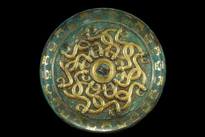 CHINESE WARRING STATES PERIOD BRONZE AND GOLD BRONZE MIRROR