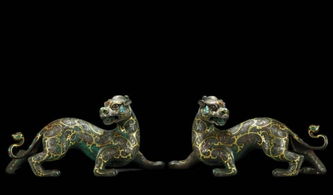 A PAIR OF BRONZE AND SILVER BEASTS FROM WARE WARRING STATES PERIOD