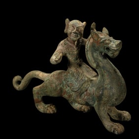 CHINESE BRONZE FEATHER MAN TAMING ANIMAL IN HAN DYNASTY