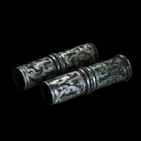A PAIR OF CHINESE WARRING STATES PERIOD COPPER-SILVER INLAID UMBRELLA HANDLES WITH GEMSTONES