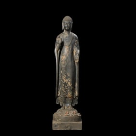BLUESTONE SAKYAMUNI BUDDHA STANDING STATUE IN NORTHERN WEI DYNASTY, CHINA