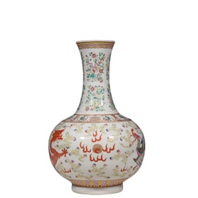 VASE WITH LONG NECK AND PASTEL DRAGON PHOENIX PATTERN FROM GUANGXU PERIOD OF QING DYNASTY