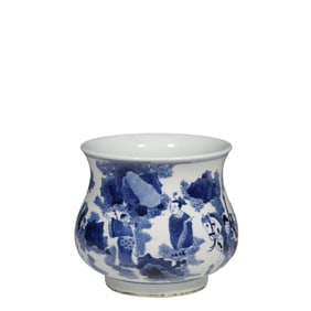 CHINESE QING DYNASTY BLUE AND WHITE CHARACTERS STORY GRAIN SLAG BUCKET