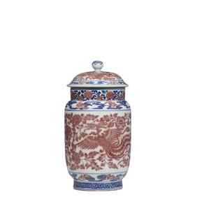 CHINESE QING DYNASTY BLUE AND WHITE GLAZED RED DOUBLE PHOENIX PATTERN LID JAR