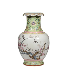 VASE WITH PASTEL FLOWER AND BIRD PATTERN AND MOUTH IN QIANLONG PERIOD OF QING DYNASTY