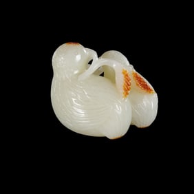 CHINESE QING DYNASTY HOTAN WHITE JADE SON AND FEMALE QUAIL DECORATION