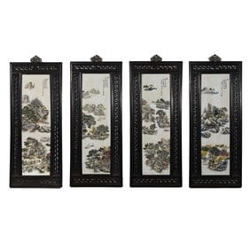 CHINESE 20TH CENTURY PORCELAIN PLATE PAINTING FOUR HANGING SCREENS