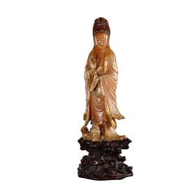 CHINESE QING DYNASTY SHOUSHAN STONE GUANYIN STATION STATUE (WANG YUN)