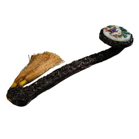 CHINESE QING DYNASTY RED SANDALWOOD INLAID HETIAN JADE MULTI-TREASURE WISHFUL