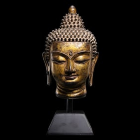 CHINESE QING DYNASTY GILT BRONZE BUDDHA HEAD