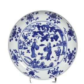 CHINESE DAMING WANLI PERIOD BLUE AND WHITE CHARACTERS STORY PLATE
