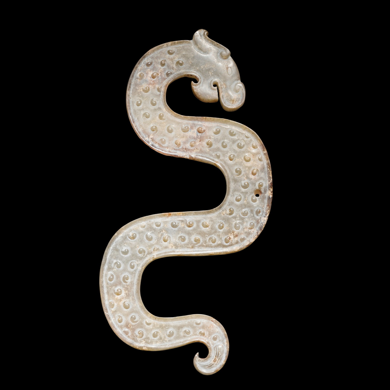 Chinese Jade dragon of Han Dynasty: L. 10.5 cm. W. 5 cm.