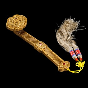 Chinese Qing Dynasty Silver Gilded Gemstone Ruyi Ornament